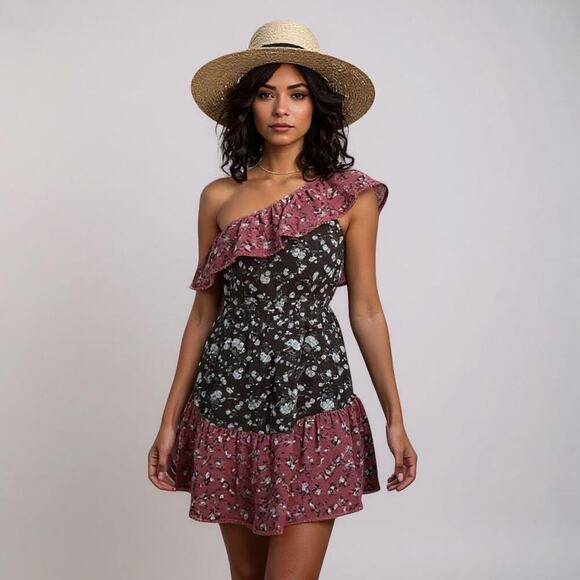 Bar III Raspberry Brown Floral Asymmetrical Ruffle Dress, Size Small, NWT SMALL - Picture 3 of 6